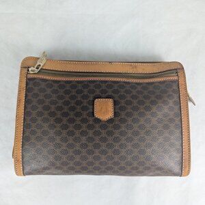 CELINE Paris Vintage Monogram Macadam Pattern Designer PVC Brown Clutch BAG